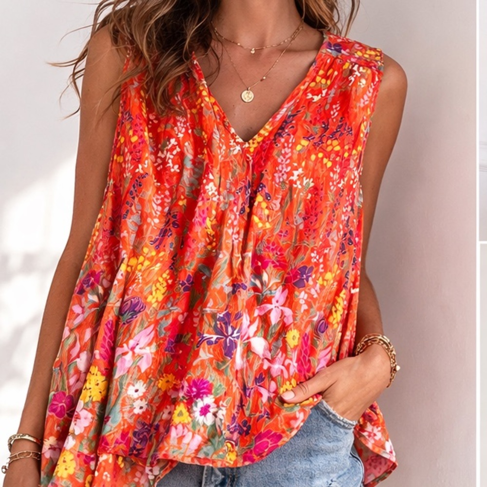Banjanan Orange Floral V-Neck Sleeveless top